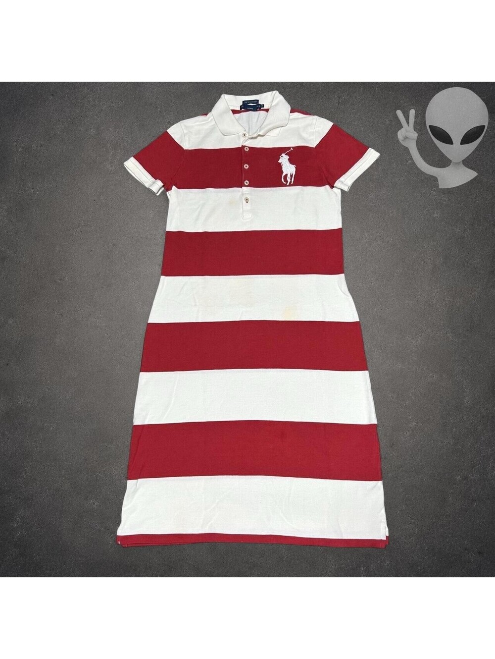 Ralph Lauren Skinny Polo Dress Womens M Red White Striped Big Pony Preppy